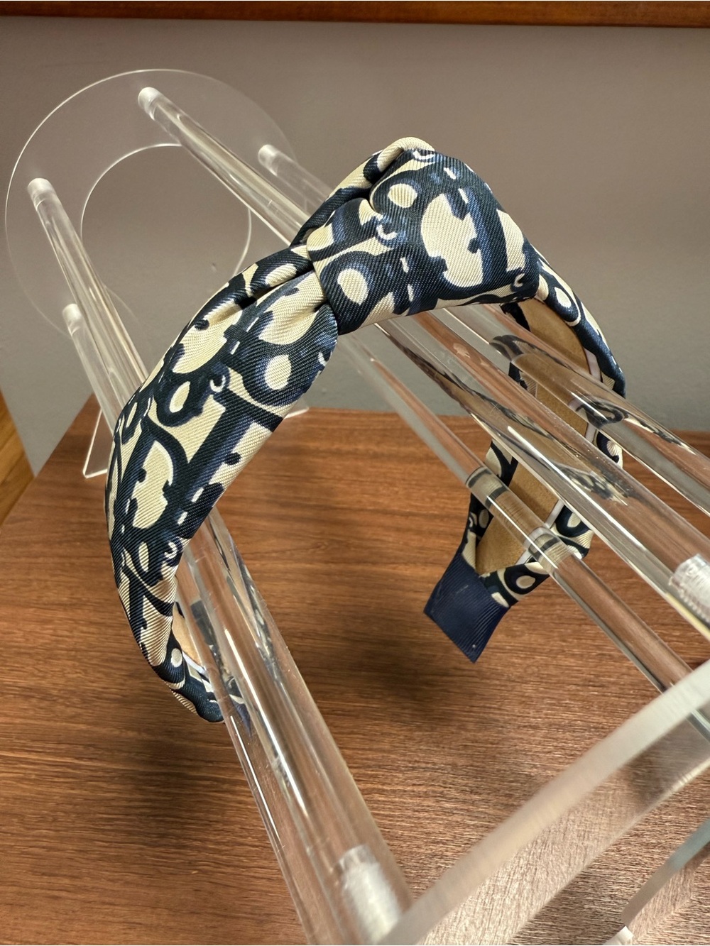 Dior Patterned Repurposed Navy and Cream Knotted Headband